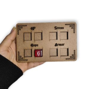 Marcador de Status Daggerheart em MDF – Tabuleta para 8 Dados D6 (Armor, Hope, HP e Stress) | Corte a Laser para RPG de Mesa